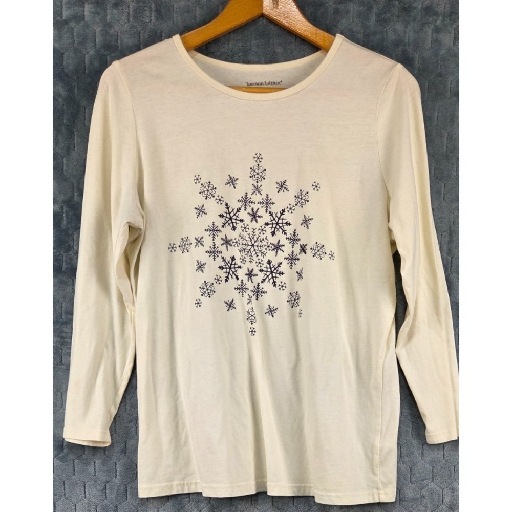 Woman Within Women Ivory With Black Snowflake Sweater Drop Shoulder Size M 14-16